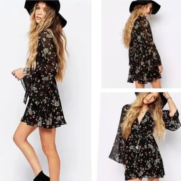 FREE PEOPLE Floral Boho Sundress with Plunge Neckline Bishop Sleeves LILOU LARGE - Picture 3 of 16